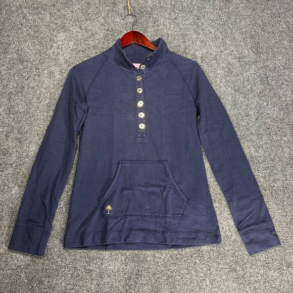 Lilly PUlitzer Top Womens XS Blue Knit Henley Buttons Logo Kangaroo Pocket Shirt - Picture 1 of 8